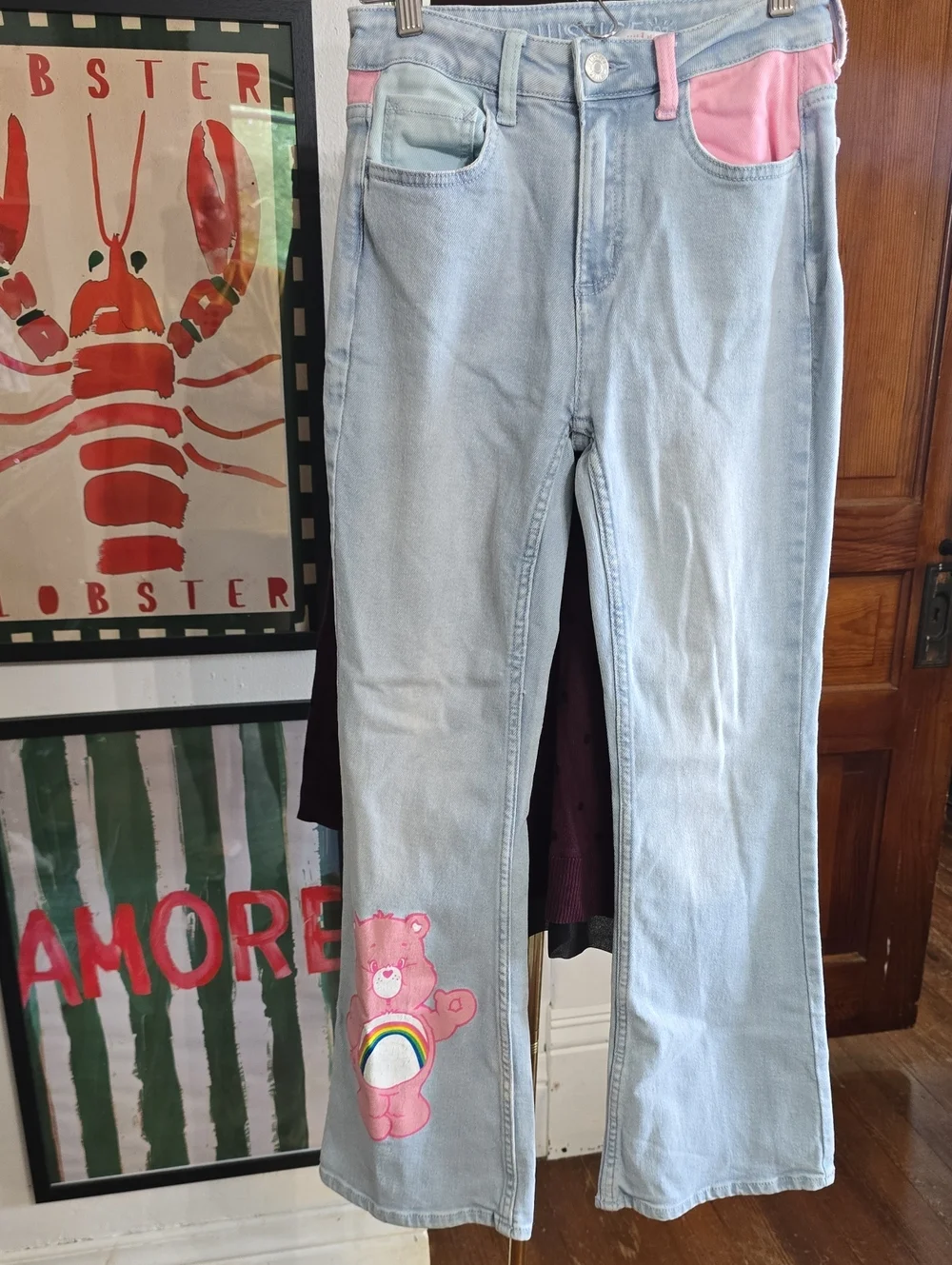 Justice Light Blue Denim Jeans with Pink Trim & Care Bears Tag